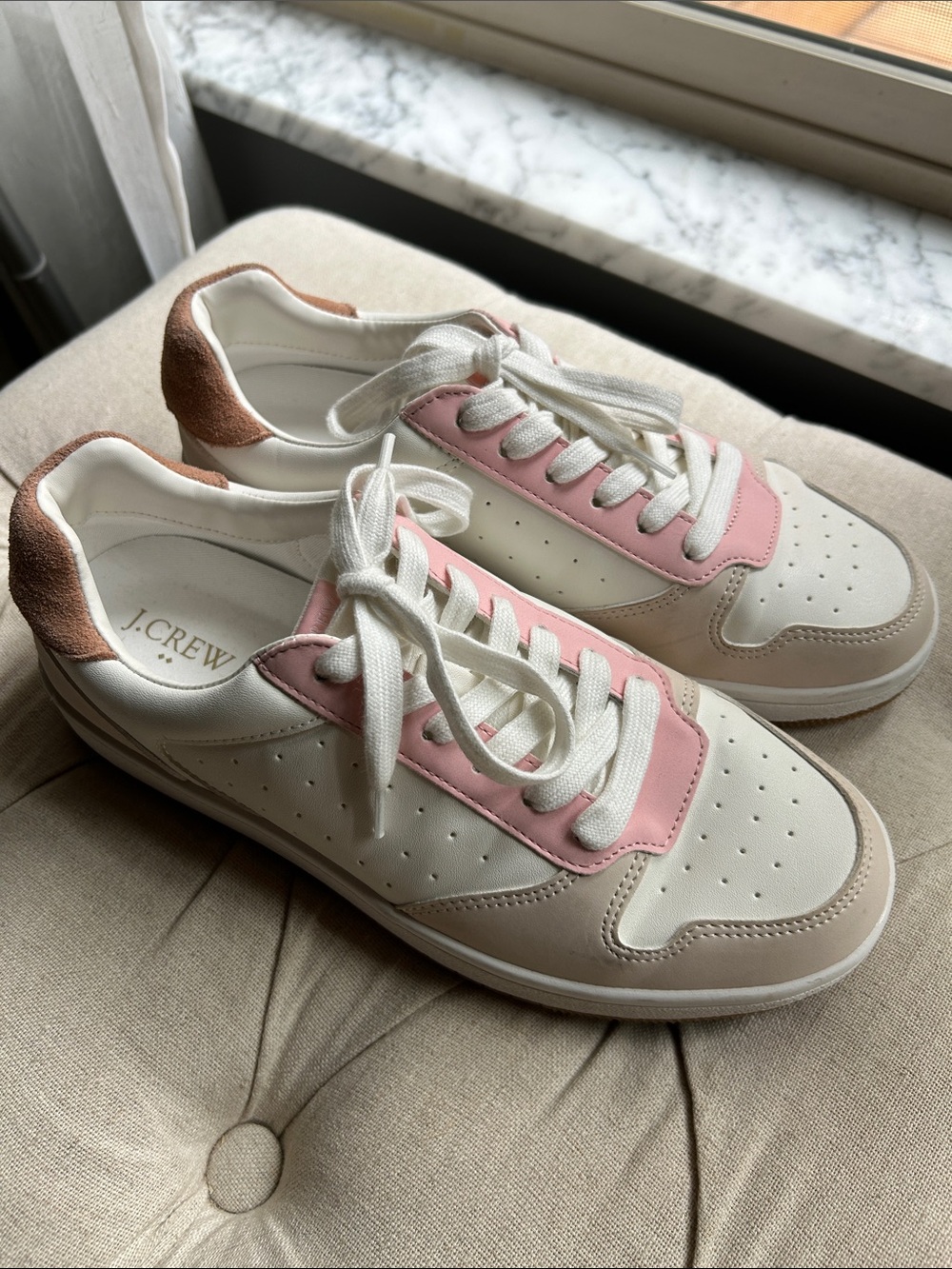 J. Crew Women's Casual Lace-Up Sneakers in White, Pink & Tan 9